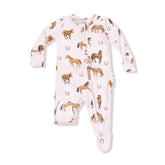 Angel Dear 2-Way Zipper Ruffle Back Footie - Pink Horses