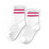 Little Stocking Co. Lace Top Midi Socks - Hot Pink Stripe (Size 0-6m)