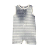 Quincy Mae Ribbed Henley Romper - Ocean Stripe