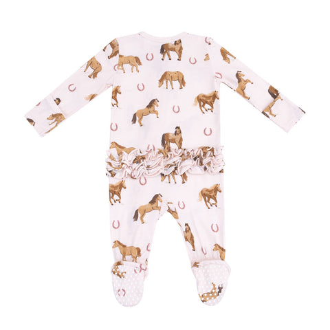 Angel Dear 2-Way Zipper Ruffle Back Footie - Pink Horses