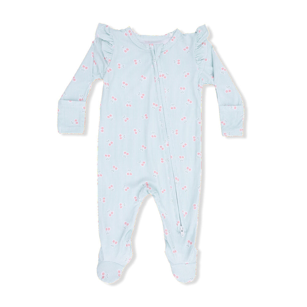 Angel Dear 2 Way Zipper Ruffle Sleeve Footie - Tiny Cherry Stripe (Size 0-3m)
