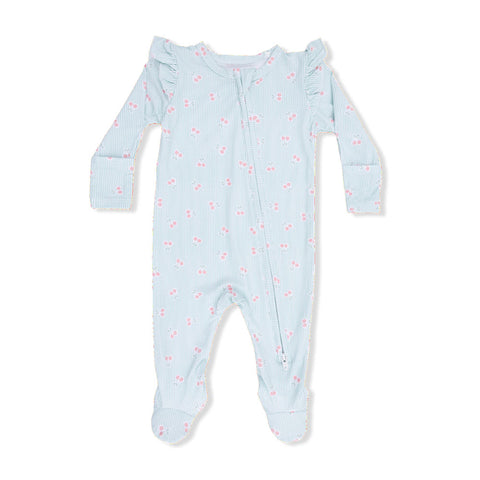 Angel Dear 2 Way Zipper Ruffle Sleeve Footie - Tiny Cherry Stripe (Size 0-3m)