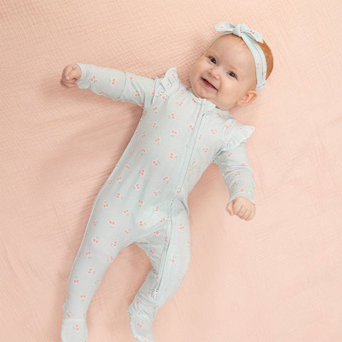Angel Dear 2 Way Zipper Ruffle Sleeve Footie - Tiny Cherry Stripe (Size 0-3m)
