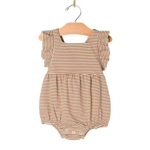 City Mouse Overall Flutter Romper - Toffee Stripe