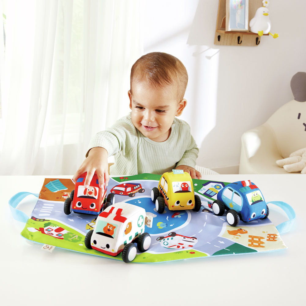 *Hape Pull-Back Plush Car Set