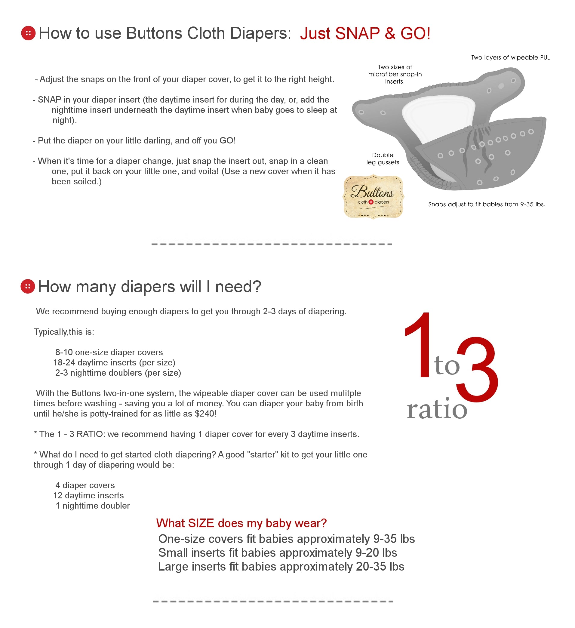 Buttons info - how to use & How many diapers