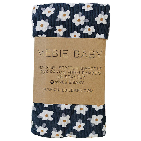 Mebie Baby Ribbed Bamboo Stretch Swaddle - Navy Daisy