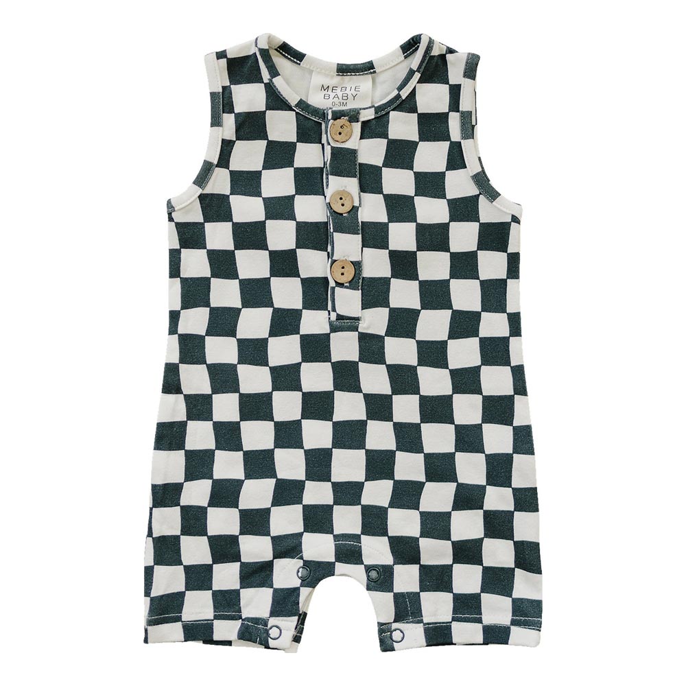 Mebie Baby Short Romper - Charcoal Wavy Checkered
