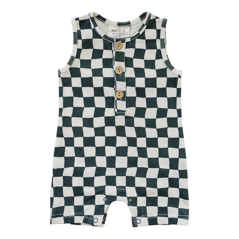 Mebie Baby Short Romper - Charcoal Wavy Checkered