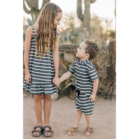 Mebie Baby Linen Button-Up Shirt - Navy Stripe