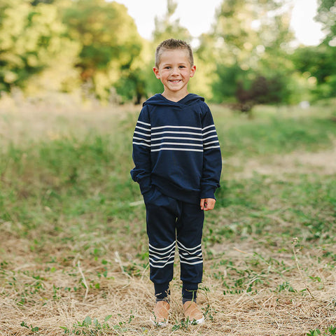 Mebie Baby Hooded French Terry Set - Navy Stripes