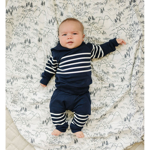 Mebie Baby Hooded French Terry Set - Navy Stripes
