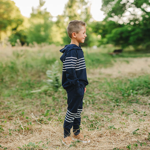 Mebie Baby Hooded French Terry Set - Navy Stripes