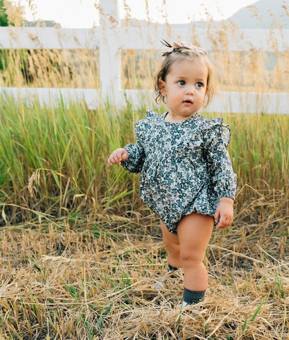 Mebie Baby Liberty Floral Long Sleeve Ruffle Bubble Romper (Size 0-3m)