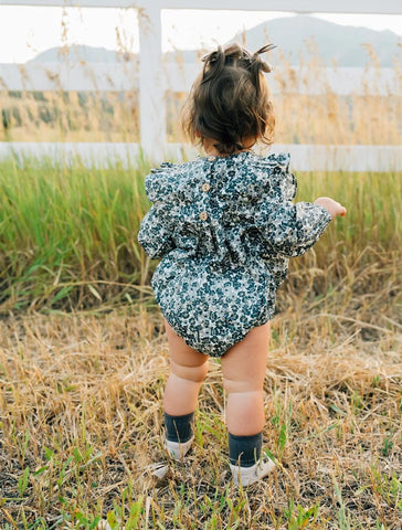 Mebie Baby Liberty Floral Long Sleeve Ruffle Bubble Romper (Size 0-3m)