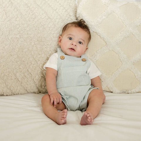 Mebie Baby Short Linen Overall - Green Stripe (Size 2t)