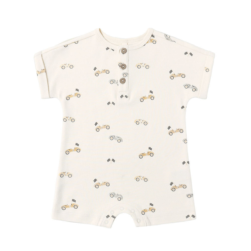 Quincy Mae Short Sleeve Romper - Natural Race Cars