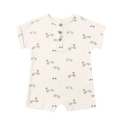 Quincy Mae Short Sleeve Romper - Natural Race Cars