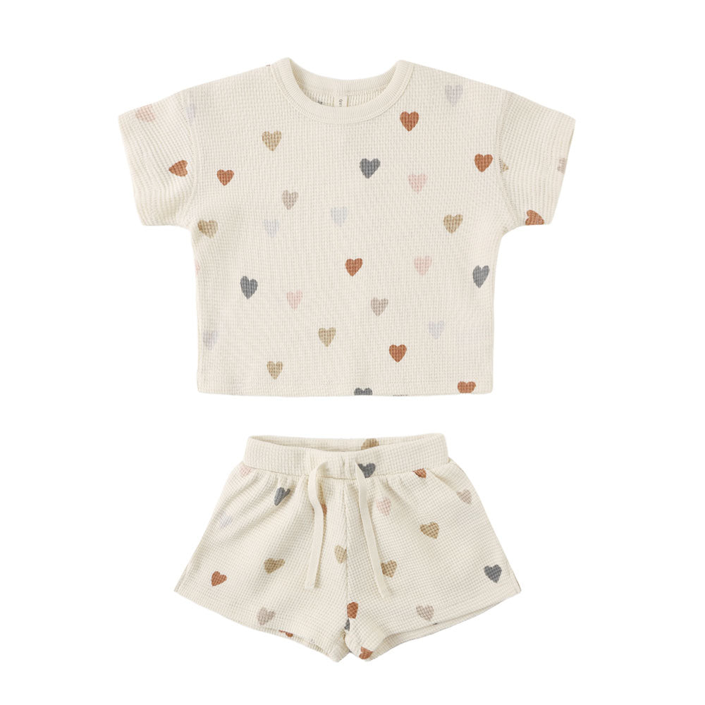 Quincy Mae Waffle Tee + Short Set - Confetti Hearts