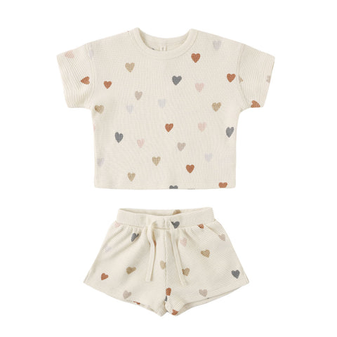 Quincy Mae Waffle Tee + Short Set - Confetti Hearts