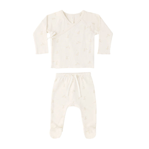 Quincy Mae Wrap Top + Footed Pant Set - Natural Bunnies