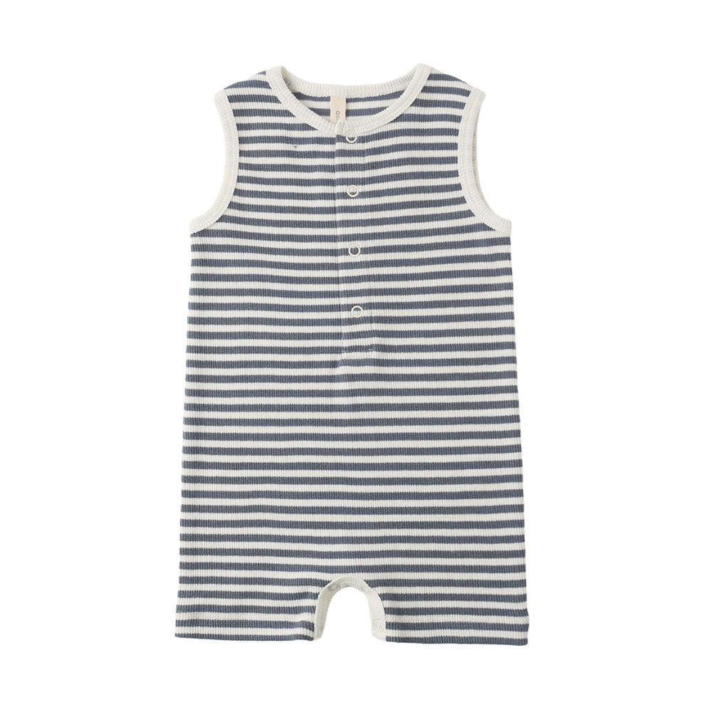 Quincy Mae Ribbed Henley Romper - Ocean Stripe