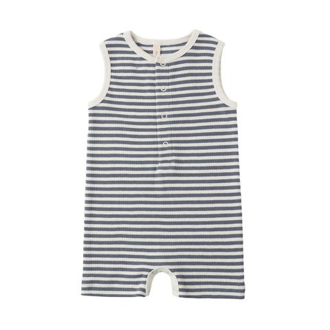Quincy Mae Ribbed Henley Romper - Ocean Stripe
